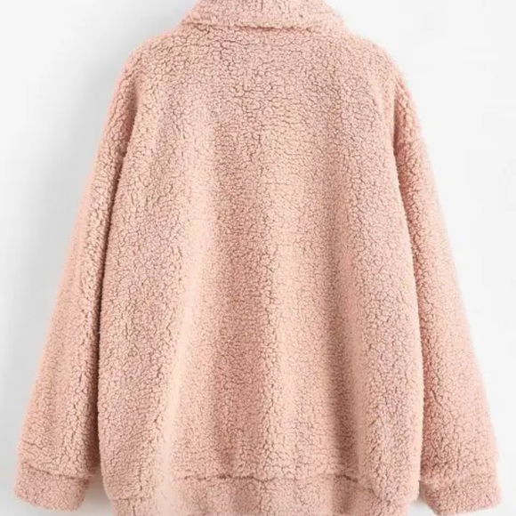 ZAFUL X Yasmine Bateman Pocket Zipper Drop Shoulder Fluffy Teddy Coat - Pink L - Picture 6 of 11